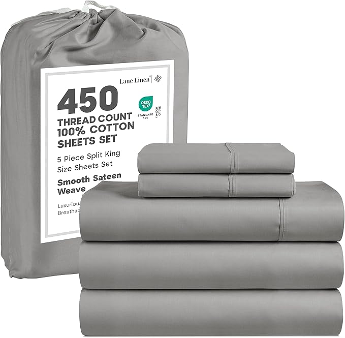 LANE LINEN 100% Cotton 450 Thread Count Split King Sheets Set for Adjustable Beds, Sateen Weave Hotel Quality, Fully Elasticized Oeko Tex Certified Sustainably Produced Machine Washable - Paloma