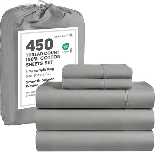 LANE LINEN 100% Cotton 450 Thread Count Split King Sheets Set for Adjustable Beds, Sateen Weave Hotel Quality, Fully Elasticized Oeko Tex Certified Sustainably Produced Machine Washable - Paloma