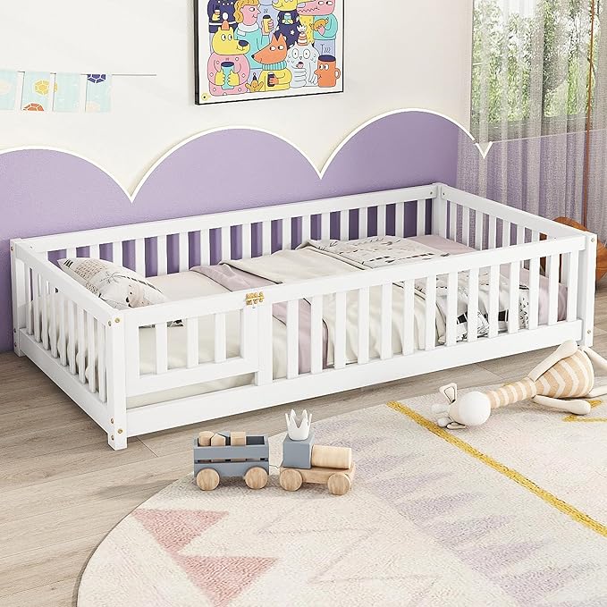 Bellemave Twin Floor Bed with Slats and Door, Twin Size Montessori Floor Bed with Fence and Door, Easy Assemble Montessori Beds Frame for Girls, Boys, White