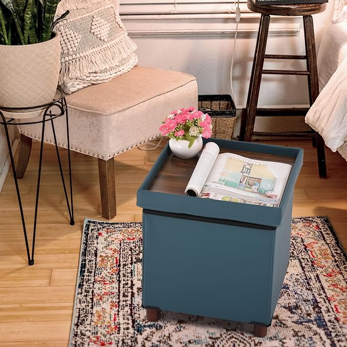 Dorriss Storage Ottoman, Ottoman with Storage for Living Room Ottoman Square Tray Bedroom Cube Foot Rest Stool with Legs Small Ottomans Coffee Table Lid Foldable Footstool Faxu Leather 15"