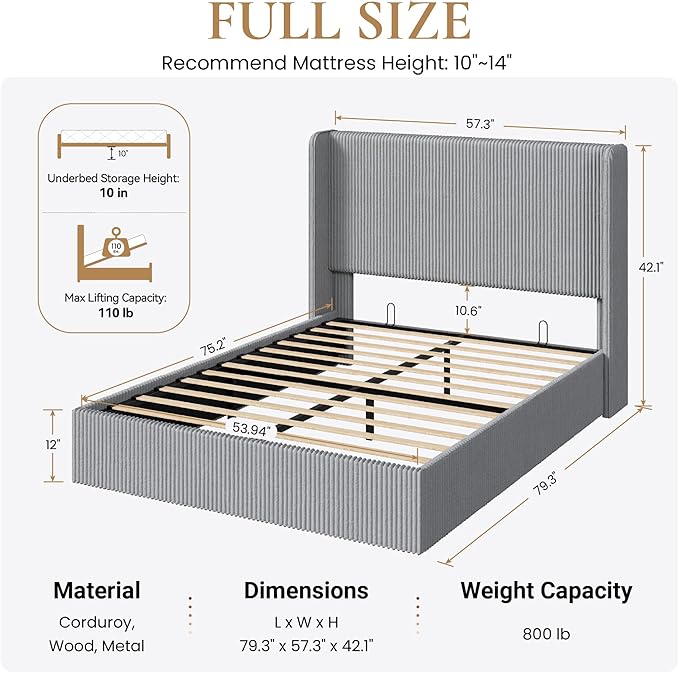 SHA CERLIN Full Size Lift Up Storage Bed Frame, Modern Upholstered Wingback Headboard, Hydraulic Support & Underneath Storage, Soft Corduroy Fabric Platform Bed, No Box Spring Needed, Light Grey