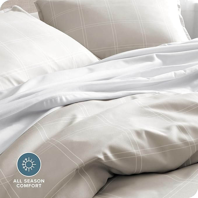 Bare Home Duvet Cover - Oversized Queen Size Bedding Set - Premium 1800 Super Soft Collection - Lightweight, Cooling - Soft Breathable Duvet Cover (Oversized Queen, Modern Plaid - Stone/White)