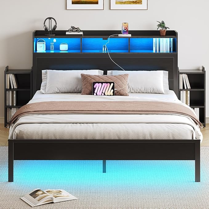 Rolanstar Bed Frame Queen Size with Bookcase Storage Headboard, Slide Out Bedside Storage, Bed with Charging Station & LED Lights, Heavy Duty Metal Slats, No Box Spring Needed, Noise Free, Black