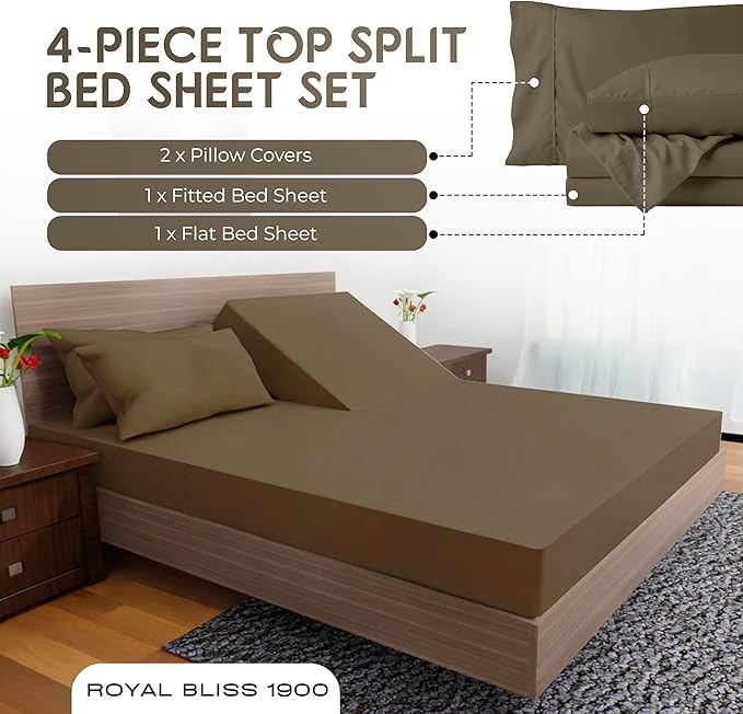 Top Split Flex Head California King Size Sheet Set - Egyptian Quality Ultra-Soft Bed Sheets - Double Brushed - Deep Pockets- Easy Fit - 4 Piece Set- Fade Resistant (Chocolate)