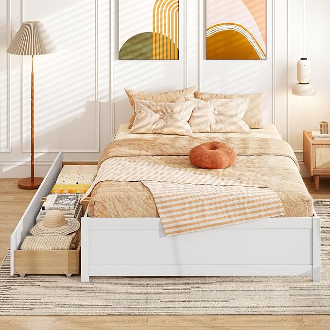 Giantex Full Size Bed Frame with 2 Storage Drawers, Solid Wood Platform Bed with Slats Support, Heavy Duty Daybed with Storage, No Box Spring Needed, Full Bed Frames for Teens Adults, White