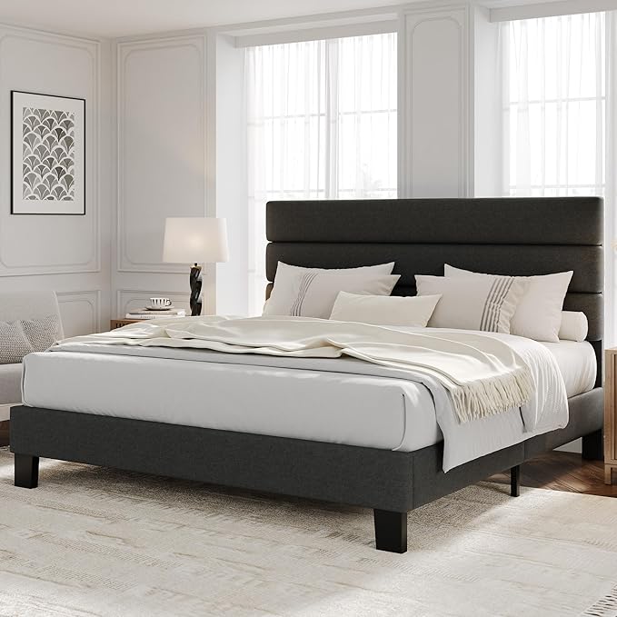 Garvee Upholstered Bed Frame with Fabric Headboard, Platform Bed with Engineered Wood Slats and Iron Frame, No Box Spring Needed, Heavy Duty Support, Grey