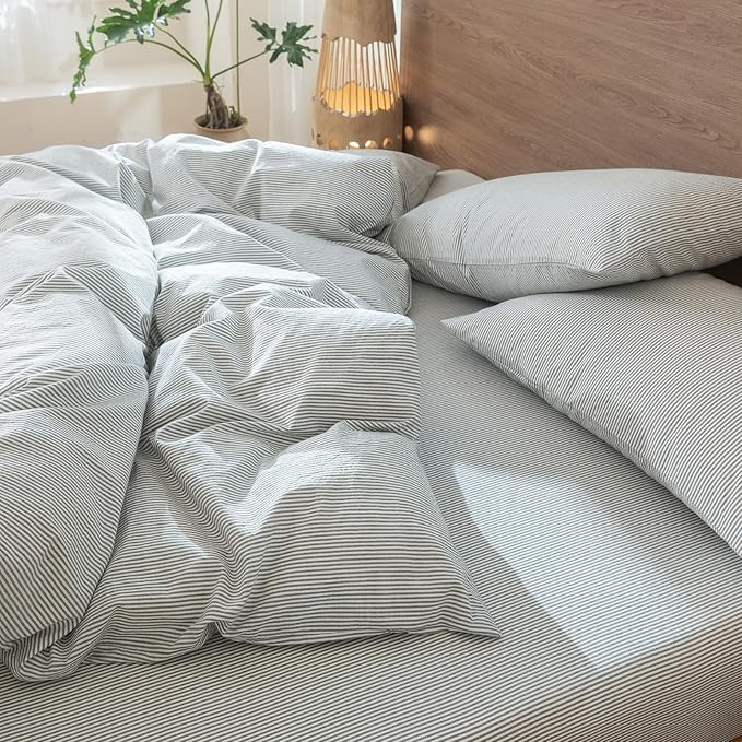 MooMee Striped Duvet Cover Set 100% Washed Cotton Linen Like Textured Breathable Durable Soft Comfy (Heathered Green Pinstripes, Queen 90"x90")