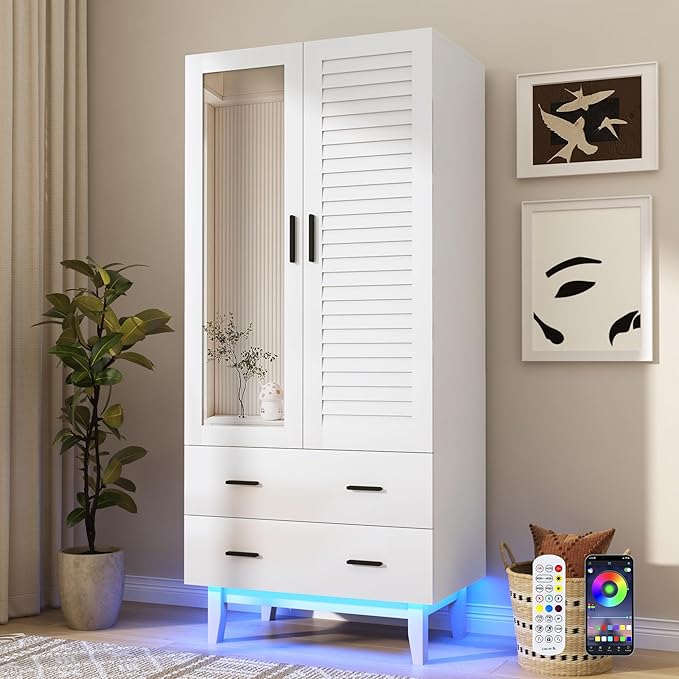 jiteentarou 2 Door Armoire Wardrobe Closet Cabinet with Drawers and LED Lights, Multi-Tier Shelves, Hanging Rod & 2 Louver Doors, Large Capacity Storage Wardrobe Armoire for Bedroom(2 Doors White)