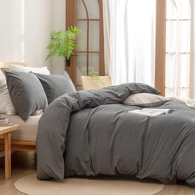 BESTOUCH Duvet Cover Set 100% Washed Cotton Linen Feel Super Soft Comfortable Chic Lightweight 3 PCs Home Bedding Set Solid Dark Grey Alaska King
