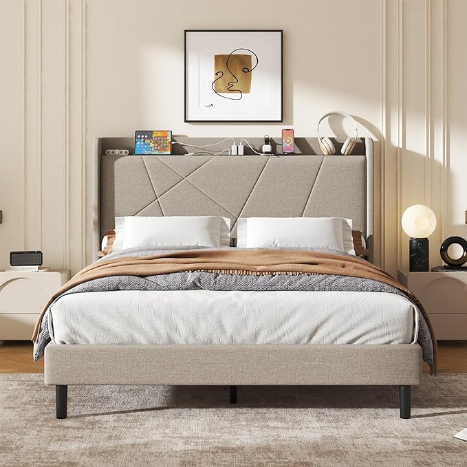 Full Size Linen Bed Frame, Storage Headboard with Charging Station, Upholstered Platform Bed with Wooden Slats Support, Solid and Stable, Noise Free, No Box Spring Needed, Easy Assembly, Beige