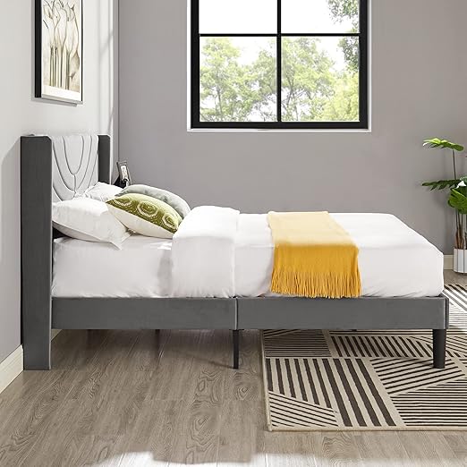 VECELO Upholstered Platform Full Bed Frame with Fabric Headboard,Wooden Slats Support/No Box Spring Needed/Mattress Foundation,Dark Grey