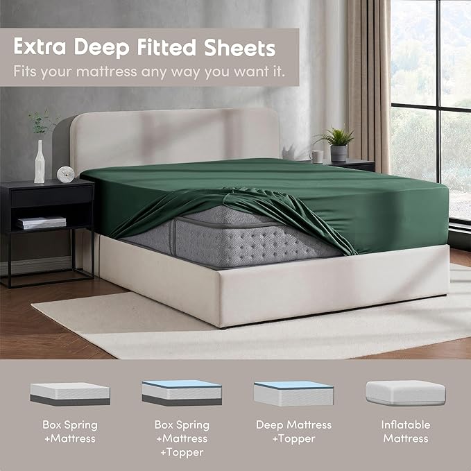 Nestl Dark Green Extra Deep Pocket Twin Fitted Sheet Kids, Luxury Twin Size Fitted Sheet Only Easily Fits 18 to 24 Inch Mattress, Super Soft, Wrinkle-free, and Breathable Bed Sheets with Corner Straps