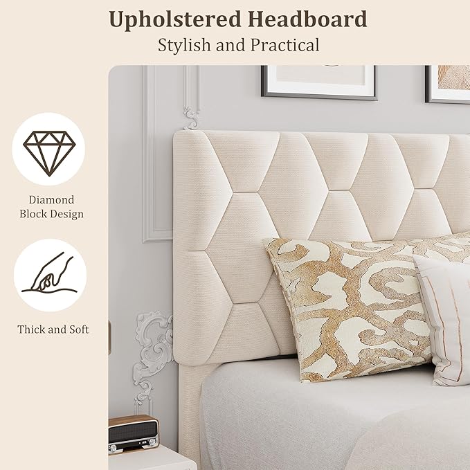 GarveeHome Beige Full Bed Frame with Headboard, Heavy-Duty Platform Bed Frame with Adjustable Headboard, Upholstered Mattress Foundation with Strong Wood Slat Support/No Box Spring Needed/Noise Free