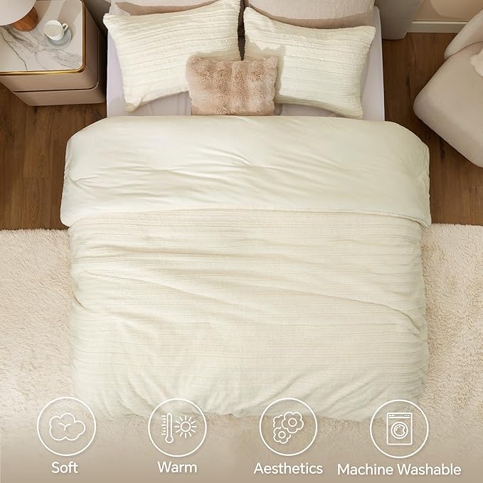 BEDELITE Fleece Twin Comforter Set -Super Soft & Warm Fluffy Cream White Faux Fur Bedding, Luxury Fuzzy Heavy Bed Set for Winter with 1 Pillow case