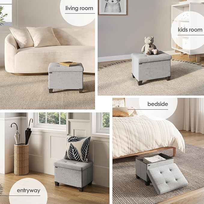 Storage Ottoman Cube with Small Bin, 16-in Square Ottoman with Storage for Living Room and Bedroom, Small Ottomans Foot Rest, Velvet Foot Stools Ottomans Max 330lbs, Light Grey