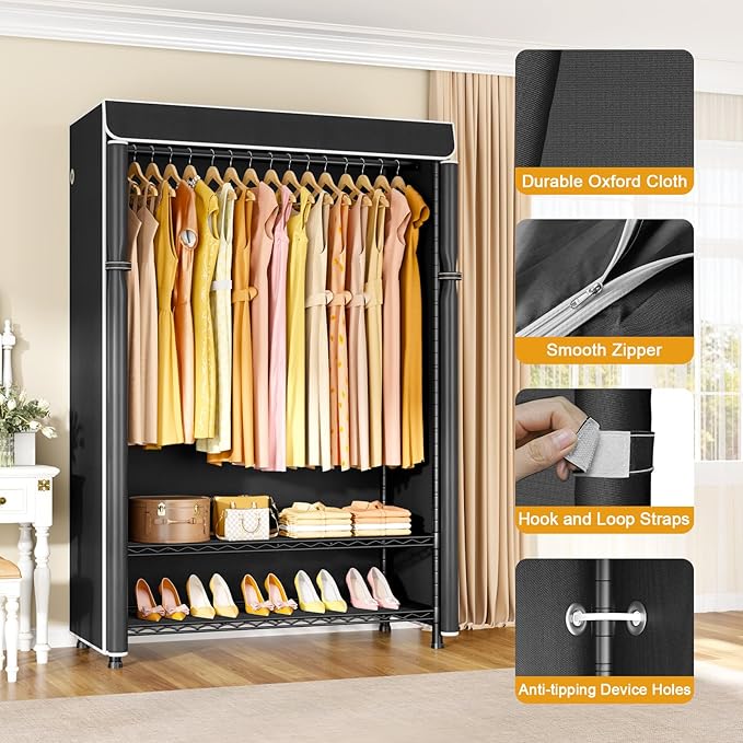 ULIFHOME H5C Plus Clothes Rack with Cover, Portable Closet for Hanging Clothes, Covered Clothing Racks Heavy Duty, Garment Racks with Shelves, Max Load 370LBS, Black Closet Rack with Black Cover
