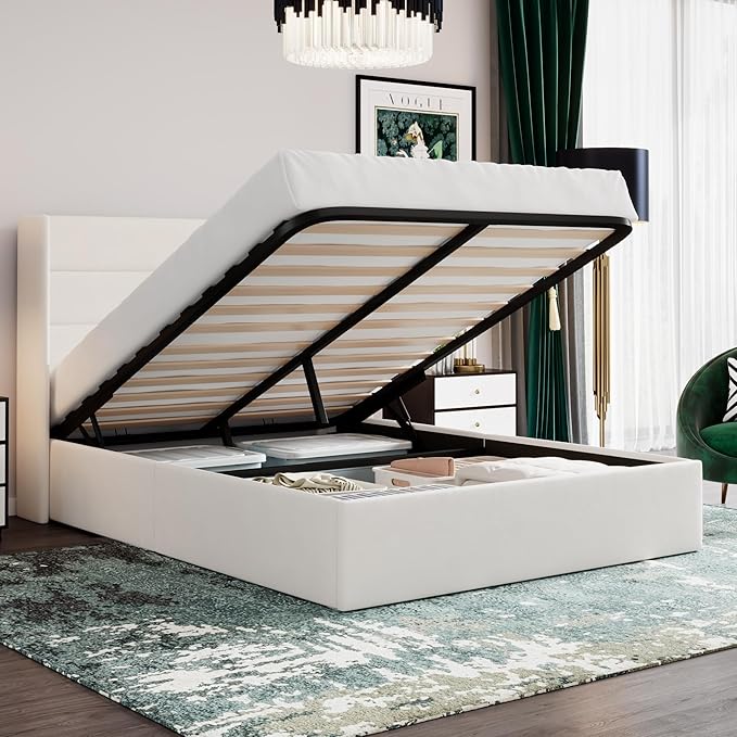 SHA CERLIN Full Size Lift Up Storage Bed/Velvet Upholstered/Modern Wingback Headboard/Upholstered Platform Bed Frame/Hydraulic Storage/No Box Spring Needed/White