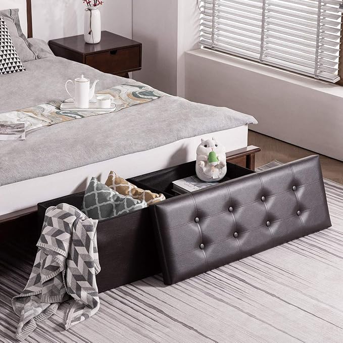 YOUDENOVA Folding Storage Ottoman, Faux Leather Ottoman Bench Footrest Ottoman, Storage Chest Padded Seat for Bedroom and Living Room, Brown, 15" D x 43" W x 15" H