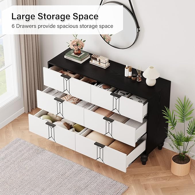IDEALHOUSE Modern Wooden 6 Drawer Dresser with Vintage Pattern Design, Chest Dresser with Deep Drawers for Bedroom, Living Room and Entryway, Black and White