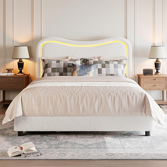 GarveeHome LED Full Size Bed Frame with 2 Drawers and Headboard, Cute Upholstered Bed with Storage, Sturdy Platform Bed, No Box Spring Needed, Wooden Slats, Noise Free, White