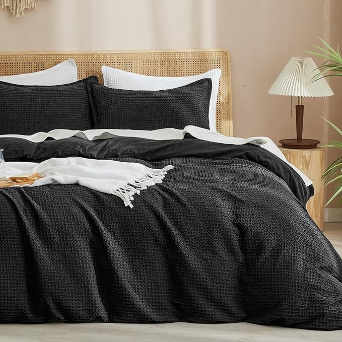 PHF Waffle Weave Duvet Cover Set Twin/Twin XL Size, No Snagging Ultra Soft Luxury Textured Breathable Comforter Cover for All Season 2pcs, Durable Bedding Duvet Set with 1 Pillow Sham, 68"x90", Black