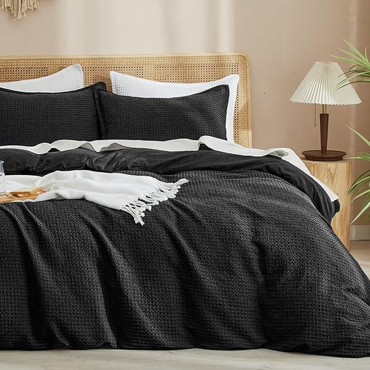 PHF Waffle Weave Duvet Cover Set Twin/Twin XL Size, No Snagging Ultra Soft Luxury Textured Breathable Comforter Cover for All Season 2pcs, Durable Bedding Duvet Set with 1 Pillow Sham, 68"x90", Black