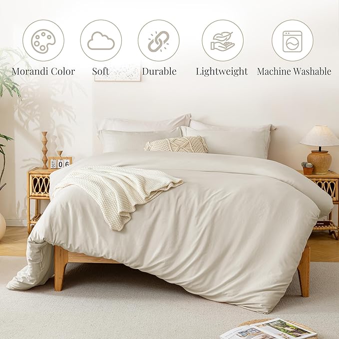 MILDLY Super Soft Duvet Cover - 100% Washed Microfiber Beige Comforter Cover Set 3 Pieces with Zipper Closure & Corner Ties (No Comforter)