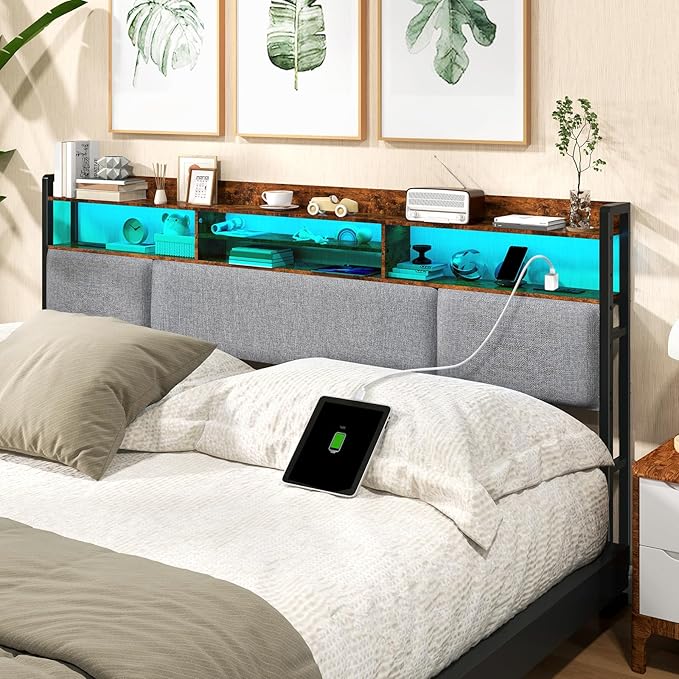 Livofloral King Size Upholstered Headboard with 2 Outlets and LED Lights, King Bed Headboard with Charging Station & Storage Shelves, King Headboard Only, Height Adjustable, Easy Assembly, Brown