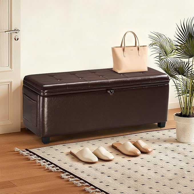 45" Storage Ottoman Bench - Large 28 Gallon (105L) Brown Bedroom Bench for End of Bed, Fuax Leather Upholstered Window Seat, Sturdy Toy Chest & Shoe Bench for Living Room, Entryway