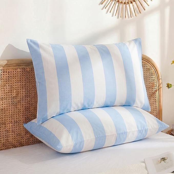 Merryword Standard Size Pillowcases, 100% Cotton Pillow Cases, Blue and White Striped Pillowcases, Soft Breathable Wide Stripe Pillow Covers, Set of 2