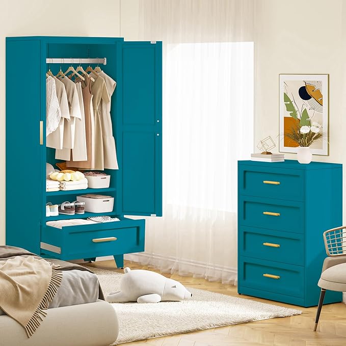 Baborokic Metal Wardrobe Cabinet,71 Armoire Wardrobe Closet with Drawers and Hanging Rod,Metal Armoire with Adjustable Shelves for Closet,Bedroom,Farmhouse Storage Cabinet with Drawer(Blue)
