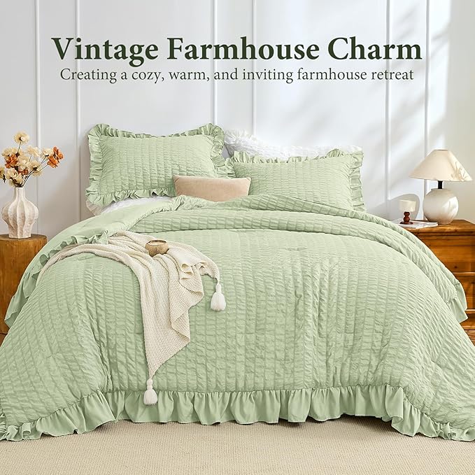 JOLLYVOGUE Sage Green Twin Size Comforter Set, 2 Pieces Seersucker Lightweight Fluffy Bedding Set, Twin Ruffle Comforter, All Season Soft Microfiber Shabby Chic Bed Set