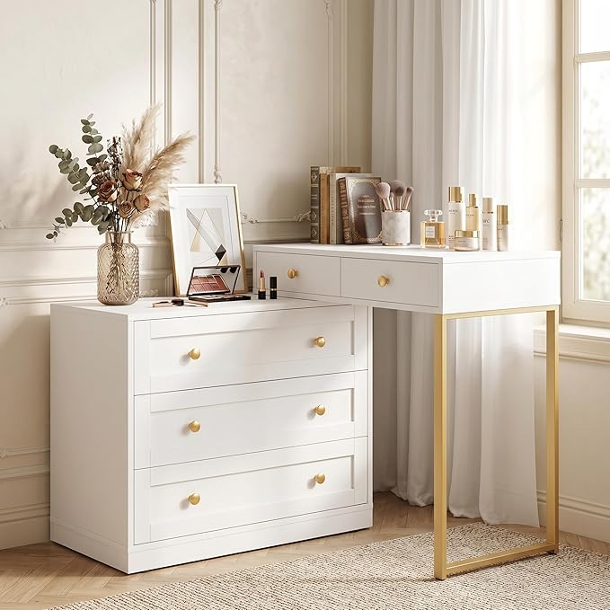 FansaFurn 5-Drawer L-Shaped Vanity Table, Extendable Makeup Vanity Desk with Storage, Modern Dressing Table for Bedroom, Dressing Room, White