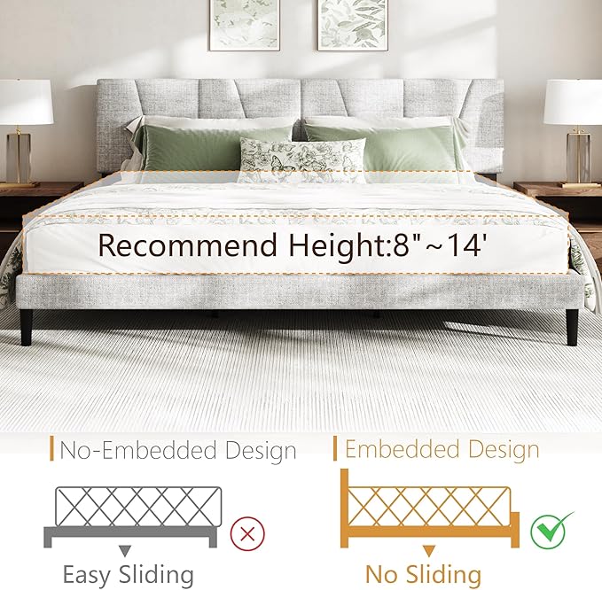 King Size Bed Frame with Linen Upholstered Platform Bed Frame, Wooden Slats Support, Noise-Free Mattress Foundation, No Box Spring Needed, Easy Assembly, Light Grey