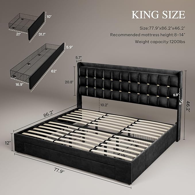 DWVO King Size Bed Frame with 3 Storage Drawers and RGB LED Lights, Velvet Upholstered Bed with Charging Station and Storage Headboard, No Box Spring Needed, Easy Assembly, Noise-Free, Black