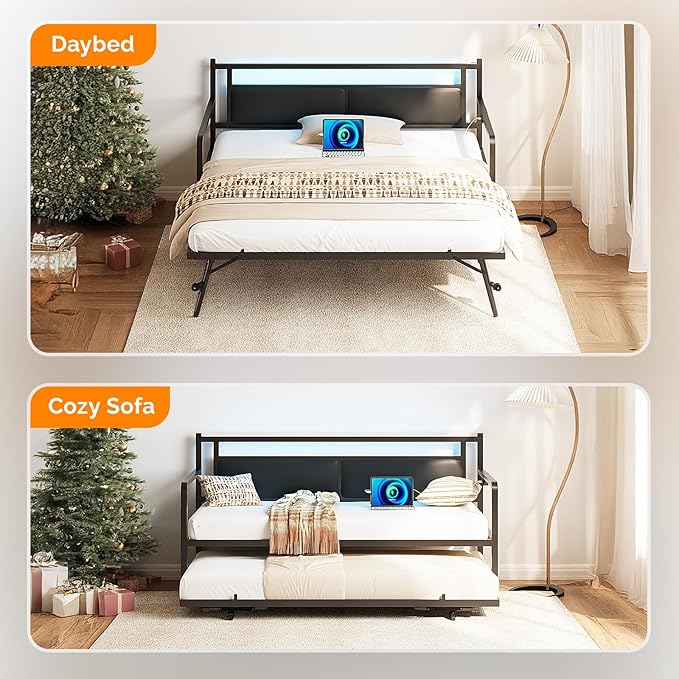 VINGLI Twin Daybed with Pop Up Trundle,Sofa Day Bed with LED Light & Charing Station,Pull Out Bed with Steel Slat Support & Upholstered Headboard, Platform Bed Frame, Black