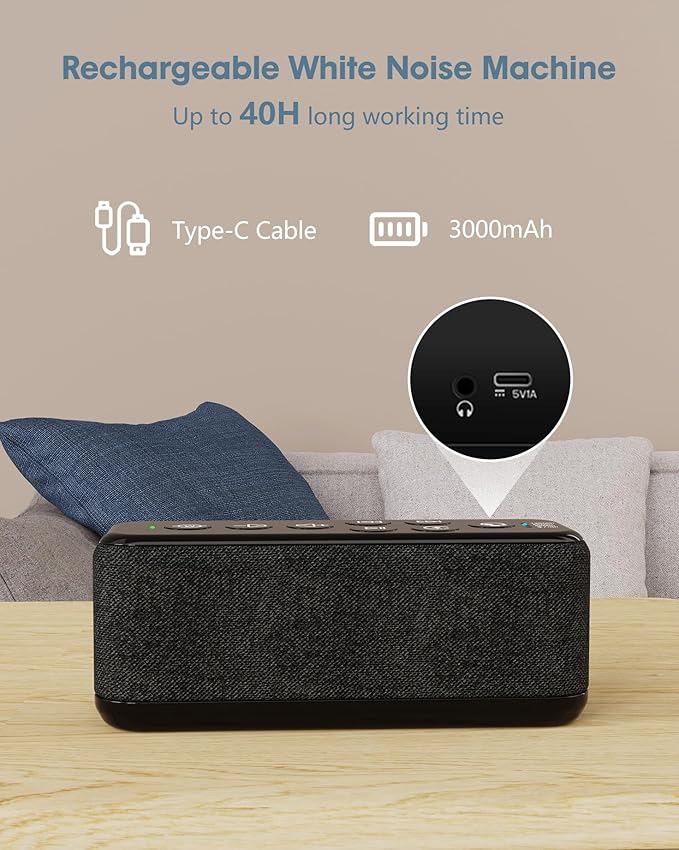 White Noise Sound Machine for Sleep with Bluetooth, 3000mAh Rechargeable, Up to 40 Hours Playtime, Timer, Front-Facing Stereo Sound, for Baby Adults Home Office Travel