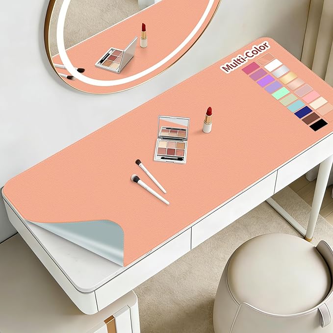Makeup Mat for Vanity to Protect Desk Top 31.5 x 15.7 in, Dual-Sided Makeup Mat, Easy to Clean Desk Pad - Waterproof and Oilproof Vanity Accessories (Peach and Grey)