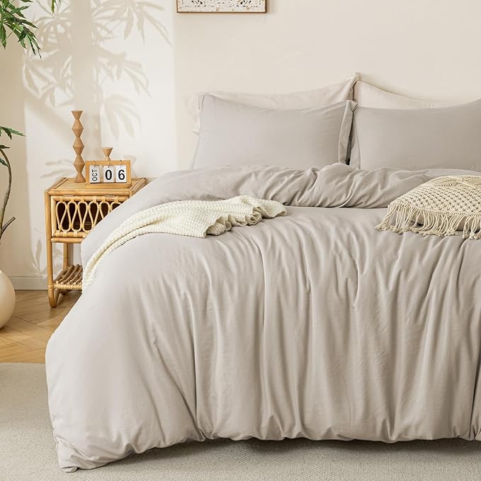MILDLY Super Soft Duvet Cover - 100% Washed Microfiber Linen Grey Comforter Cover Set 3 Pieces with Zipper Closure & Corner Ties (No Comforter)
