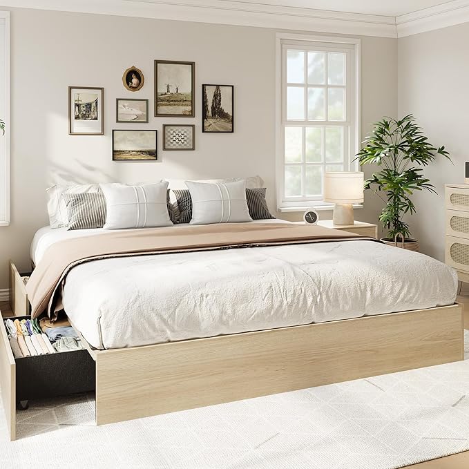 IDEALHOUSE California King Bed Frame with 2 Storage Drawers, Wooden Bed Frame Without Headboard, Minimalist Floor Platform Bed, Wood Slat Support, No Box Spring Needed, Easy Assembly