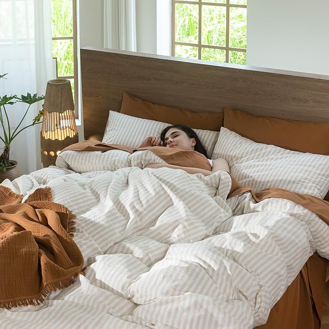 MooMee Striped Duvet Cover Set 100% Washed Cotton Linen Like Textured Breathable Durable Soft Comfy (Almond Milk Grey Classic Stripes, Full 80"x90")