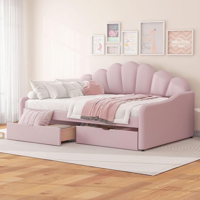 Merax Modern Upholstered Platform Bed Frame with Shall Shaped Backrest & Storage Drawers, Velvet Low Sofa Day Bed, No Box Spring Needed/Easy Assemble/Full,Pink