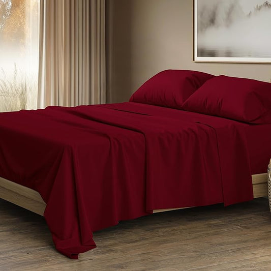 THREAD SPREAD 100% Egyptian Cotton King Size Sheets Set - Luxury 1500 Series Egyptian Cotton Sheets King Size (4 PC, Burgundy), Silky Soft, Sateen Weave, Cooling & Breathable, 17" Deep Pocket Bed Set