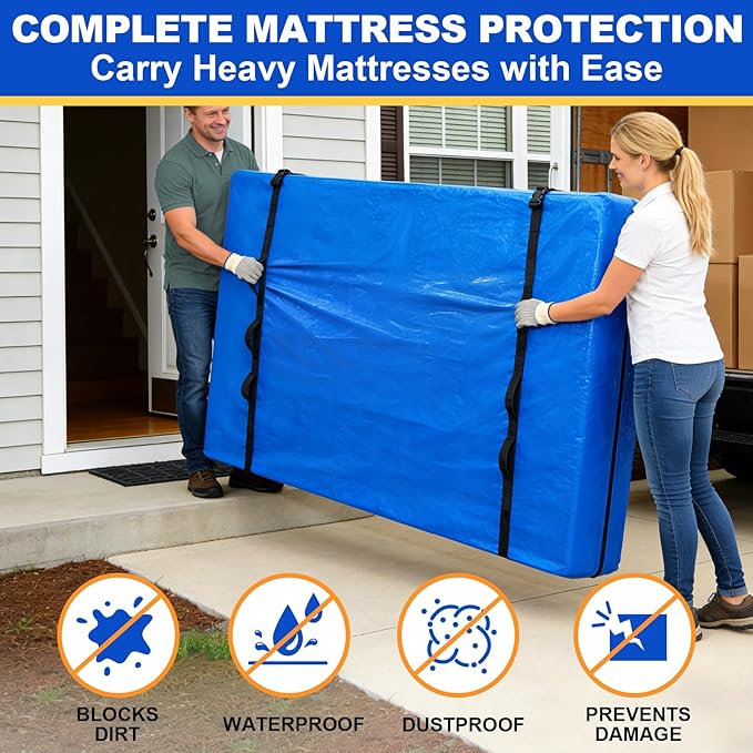 TICONN Mattress Bags for Moving, Heavy Duty Twin XL Mattress Cover Storage Bag with Full-Around Handle and Adjustable Buckles (Blue, Twin XL)