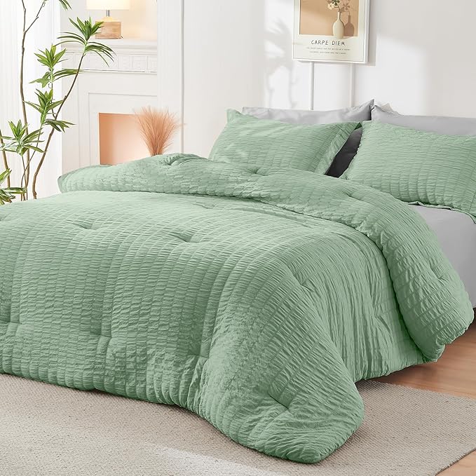 HYMOKEGE Sage Green/Light Grey Twin XL Comforter Set Seersucker 5 Pieces, All Season Luxury Bed in a Bag for Bedroom, Bedding Set with Comforter, Sheets, Pillowcase & Sham