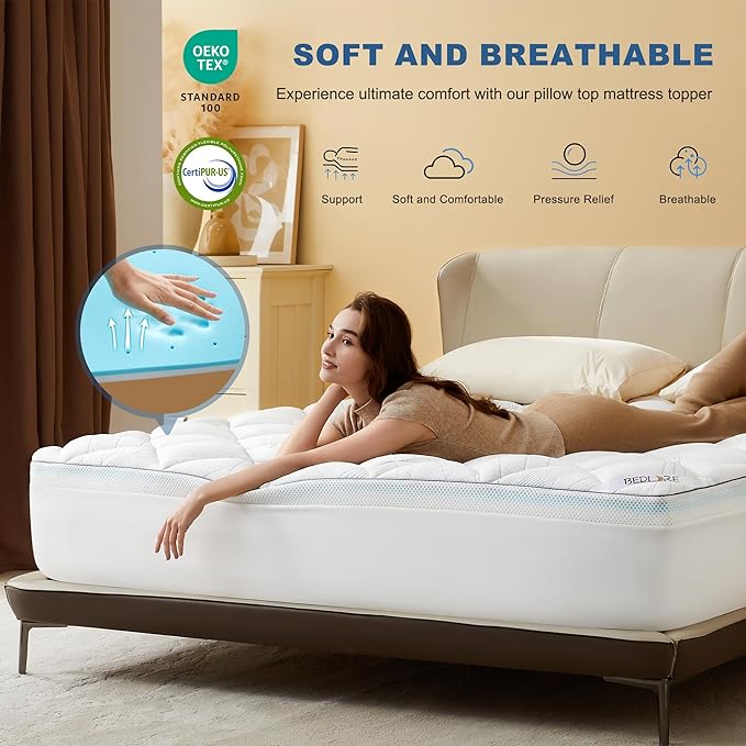 Bedlore 4-Inch Full Mattress Topper for Back Pain - Dual Layer Medium Support (2" Gel Memory Foam + 2" Cooling Fluffy Pillow Top Pad), Breathable & Pressure Relief (White)