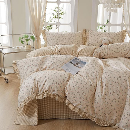 mixinni Beige Floral Duvet Cover Twin XL Size, 100% Cotton Cute Strawberry Floral Ruffle Bedding Set, Vintage Cottagecore Reversible Tan Gingham Aesthetic 3PC with Zipper Closure & Pillowcases