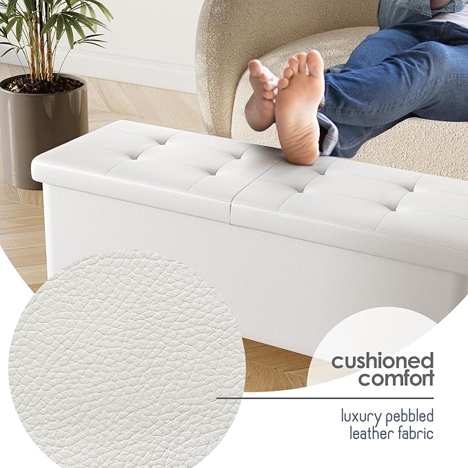 Storage Ottoman Bench with Bins, 43-in Storage Bench for Bedroom End of Bed, Folding Foot Rest Ottoman for Living Room Max 660lbs, Faux Leather Ottomans, Cream
