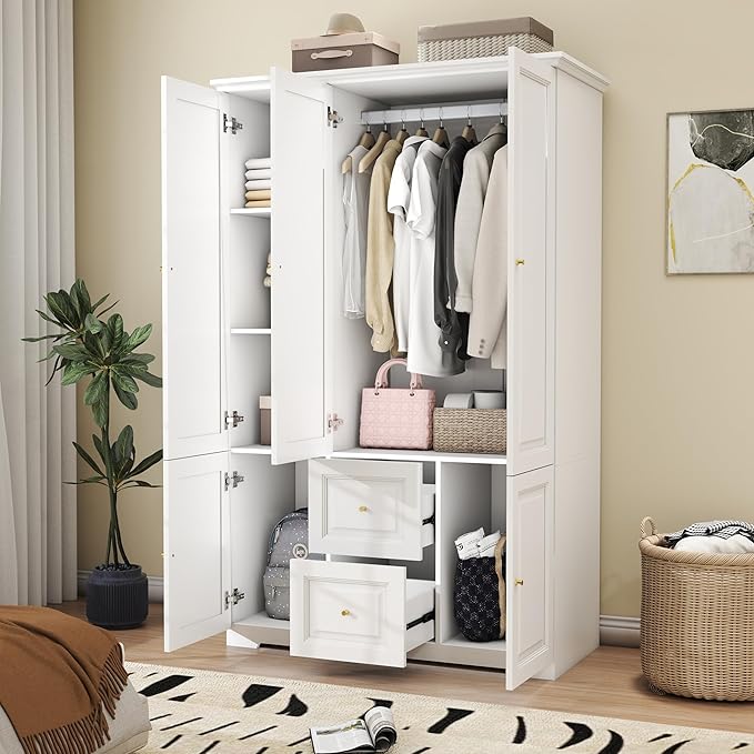 White Wardrobe with 2 Drawers: 74" Large Wardrobe Closet for Hanging Clothes, Tall Armoire Closet with 3 Doors, Bedroom Armoires with Hanging Rod (47")