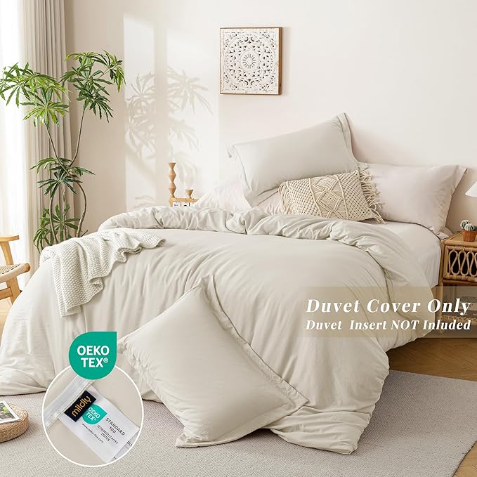 MILDLY Super Soft Duvet Cover 2pcs - 100% Washed Microfiber Beige Twin/Twin XL Comforter Cover Set with Zipper Closure & Corner Ties (No Comforter)